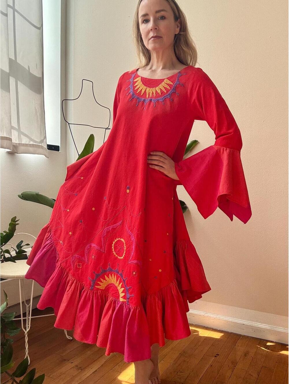 Vintage 1970s Josefa Red Cotton Ruffled Embroidered Caftan Dress
